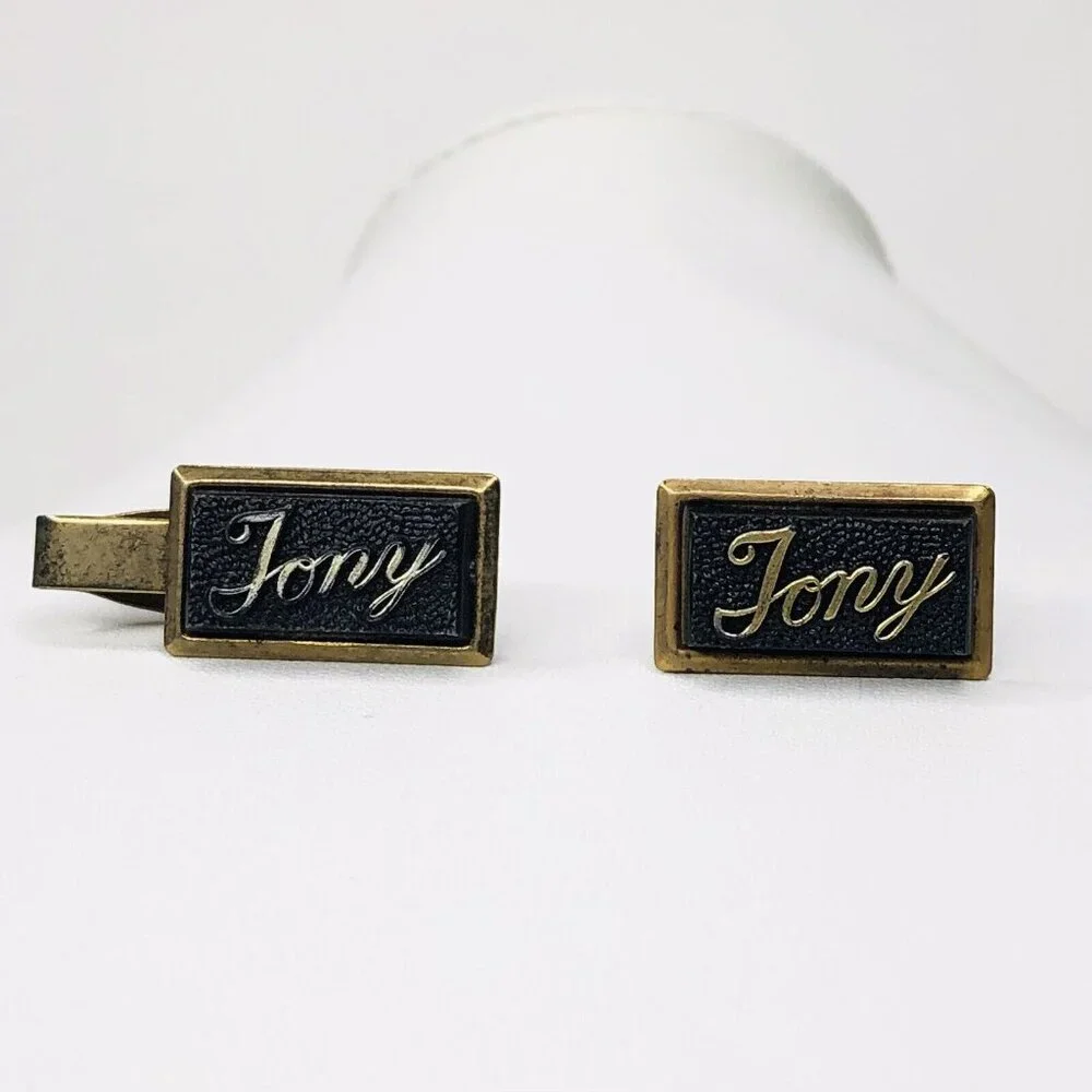Vtg Men JONY Tie Clip & Cufflink Black Gold tone Wedding Groom Gift Rectangle